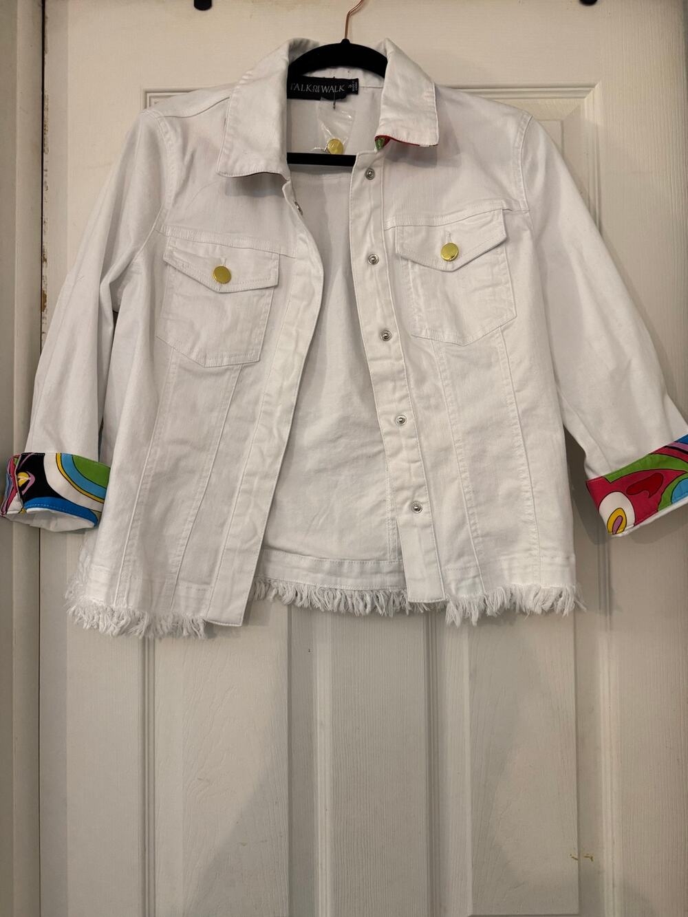 NWT Talk of the Walk White Denim Jacket Frayed Hem Pucci Swirl Abstract size S